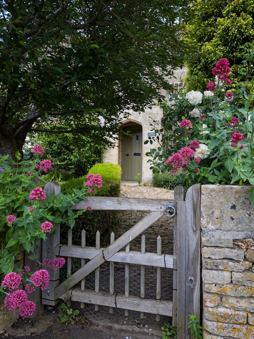 Free Wooden gate with lush flowers and stone wall at an English garden entrance. Stock Photo