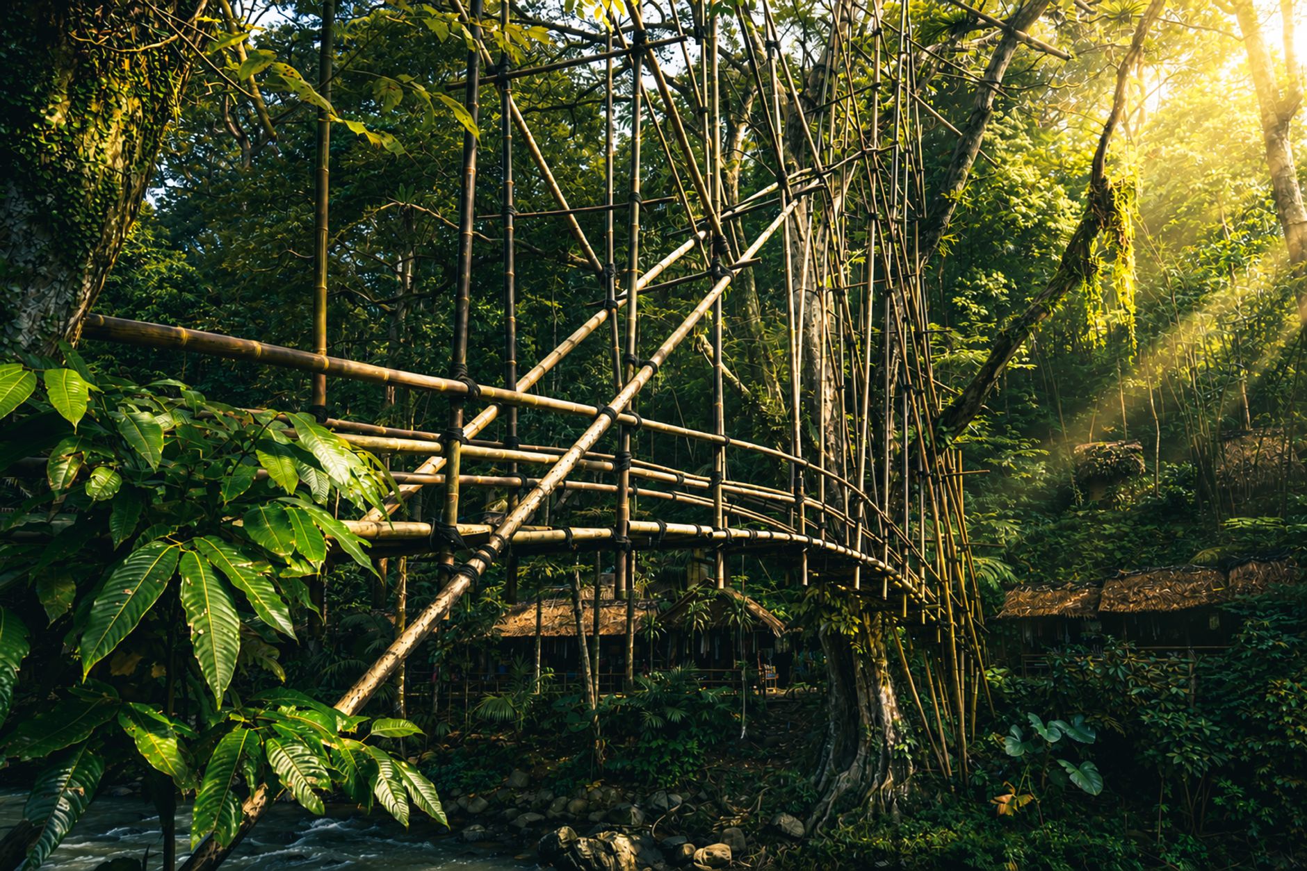 A captivating bamboo bridge illuminated by sunbeams in a verdant Indonesian forest landscape.