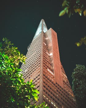 星空映衬下，宏伟的美洲金字塔低角度视图横贯眼前，前景一片翠绿