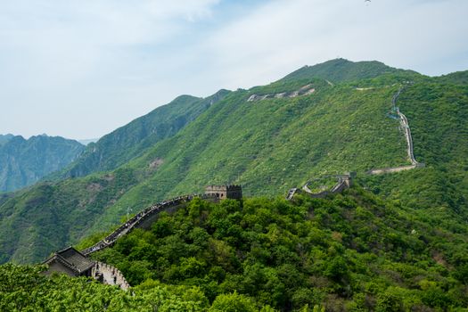 A breathtaking view of the Great Wall of China winding through lush green mountains on a sunny summer day.