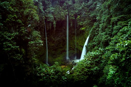 Beautiful waterfalls cascading in a dense forest setting in North Sulawesi, Indonesia.
