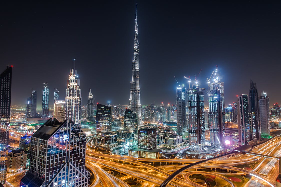 City Skyline during Night Time Dubai On World Map