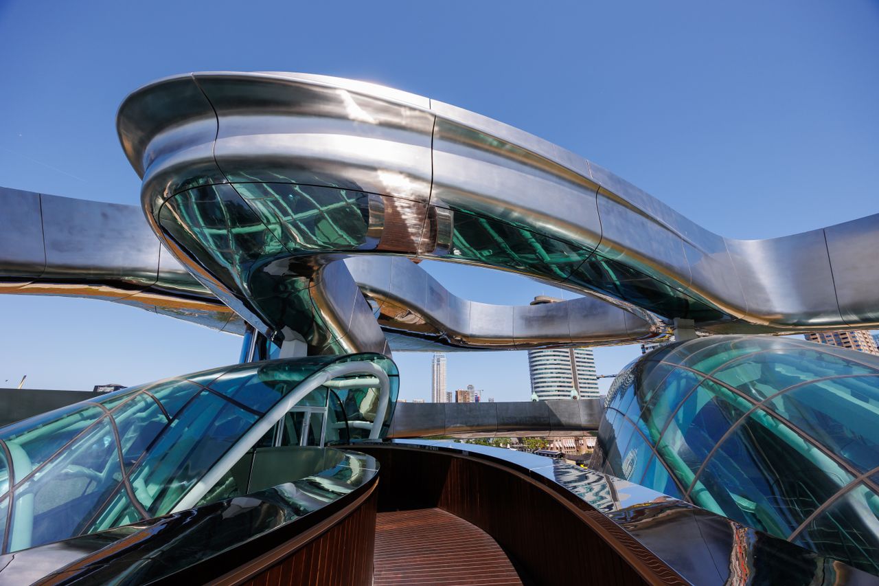 dynamic view of modern architectural design with steel and glass in ro