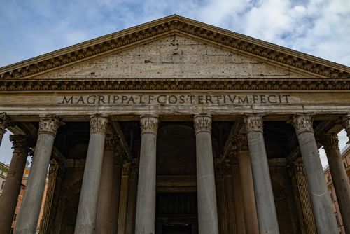 Free Close-up view of the Pantheon's front façade with ancient Roman columns in Rome, Italy. Stock Photo