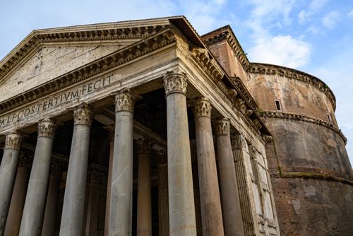 Free Detailed view of the ancient Pantheon's facade in Rome, Italy, showcasing its iconic architectural columns. Stock Photo