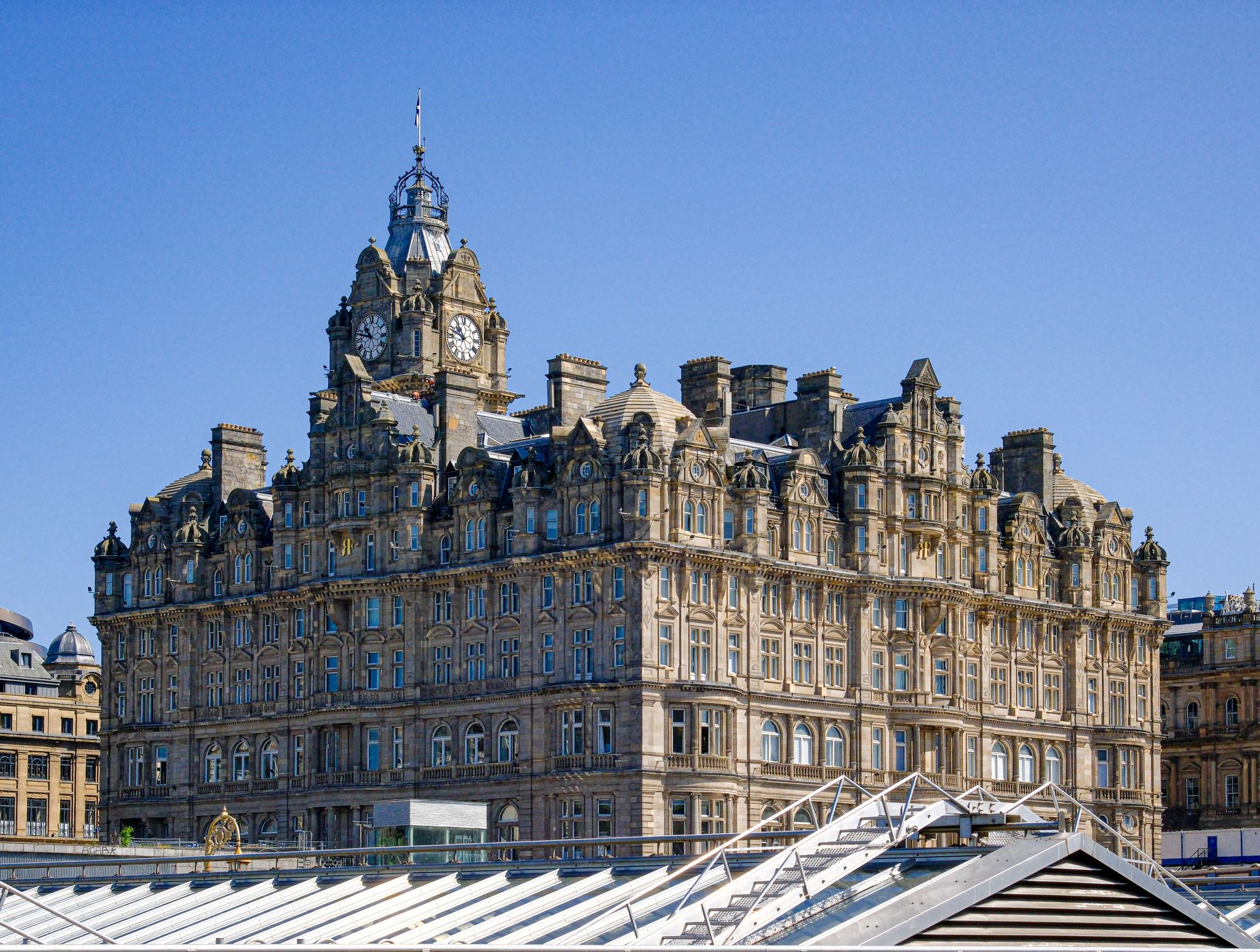 View of The Balmoral Hotel's iconic architecture in Edinburgh, Scotland.