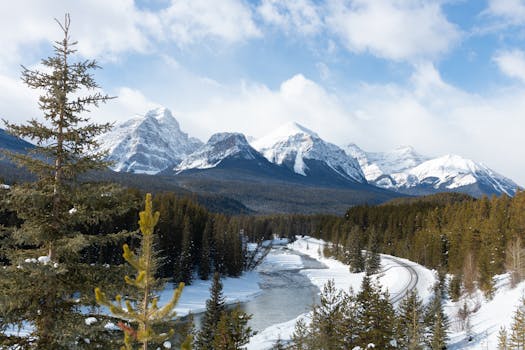Scenic view of snow-covered Canadian Rockies with evergreen forests and a winding river.
