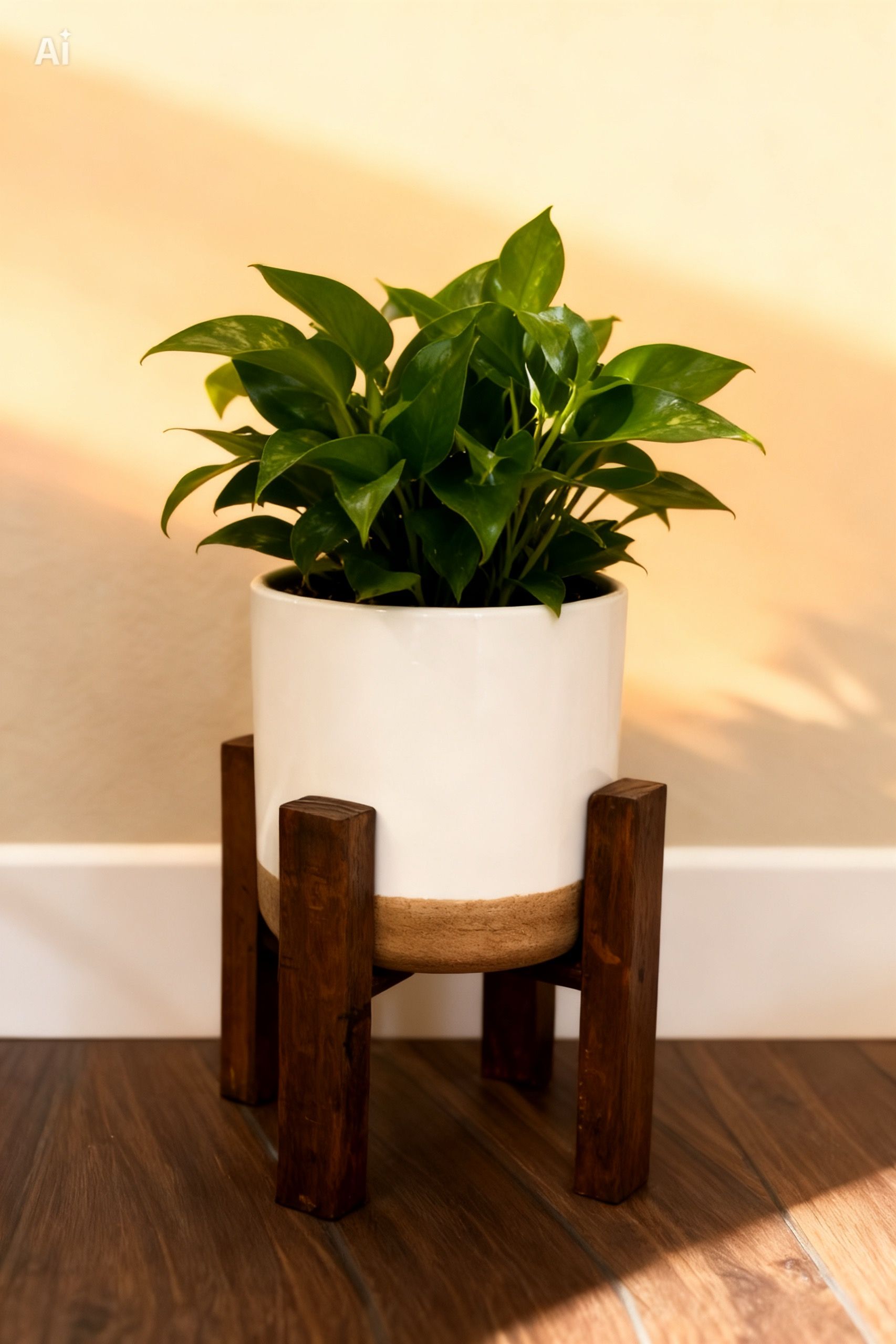 Bright green indoor plant in a stylish white ceramic pot with wooden stand