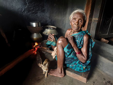 Portrait of an elderly woman with traditional attire sitting in a rustic Indian kitchen, a glimpse into rural life.