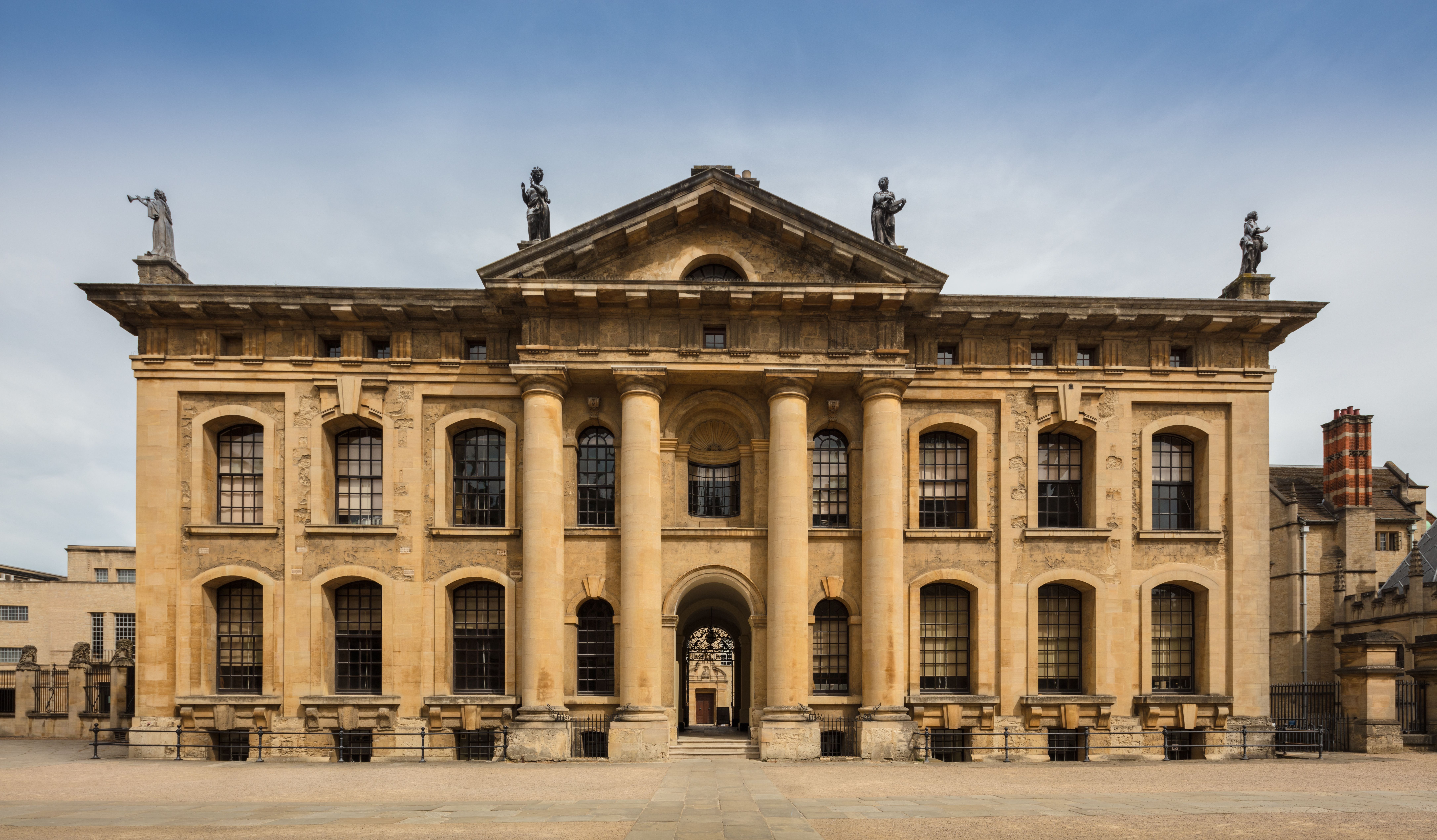 Front view of the Clarendon Building, a historic landmark at Oxford University.