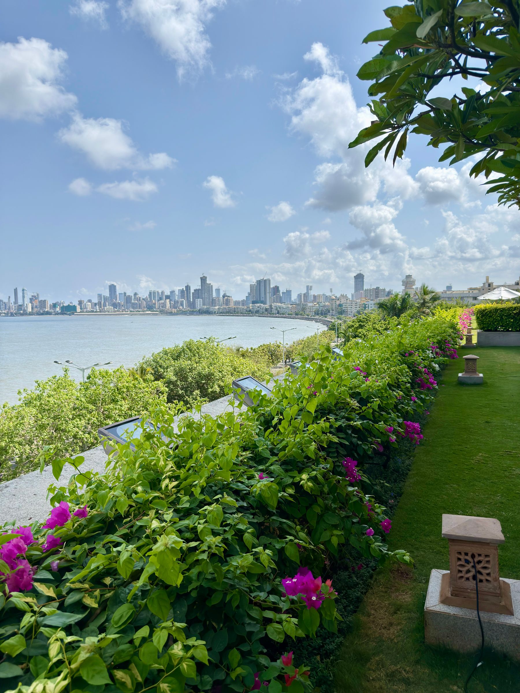 A garden overlooking Marine Drive and the Mumbai skyline