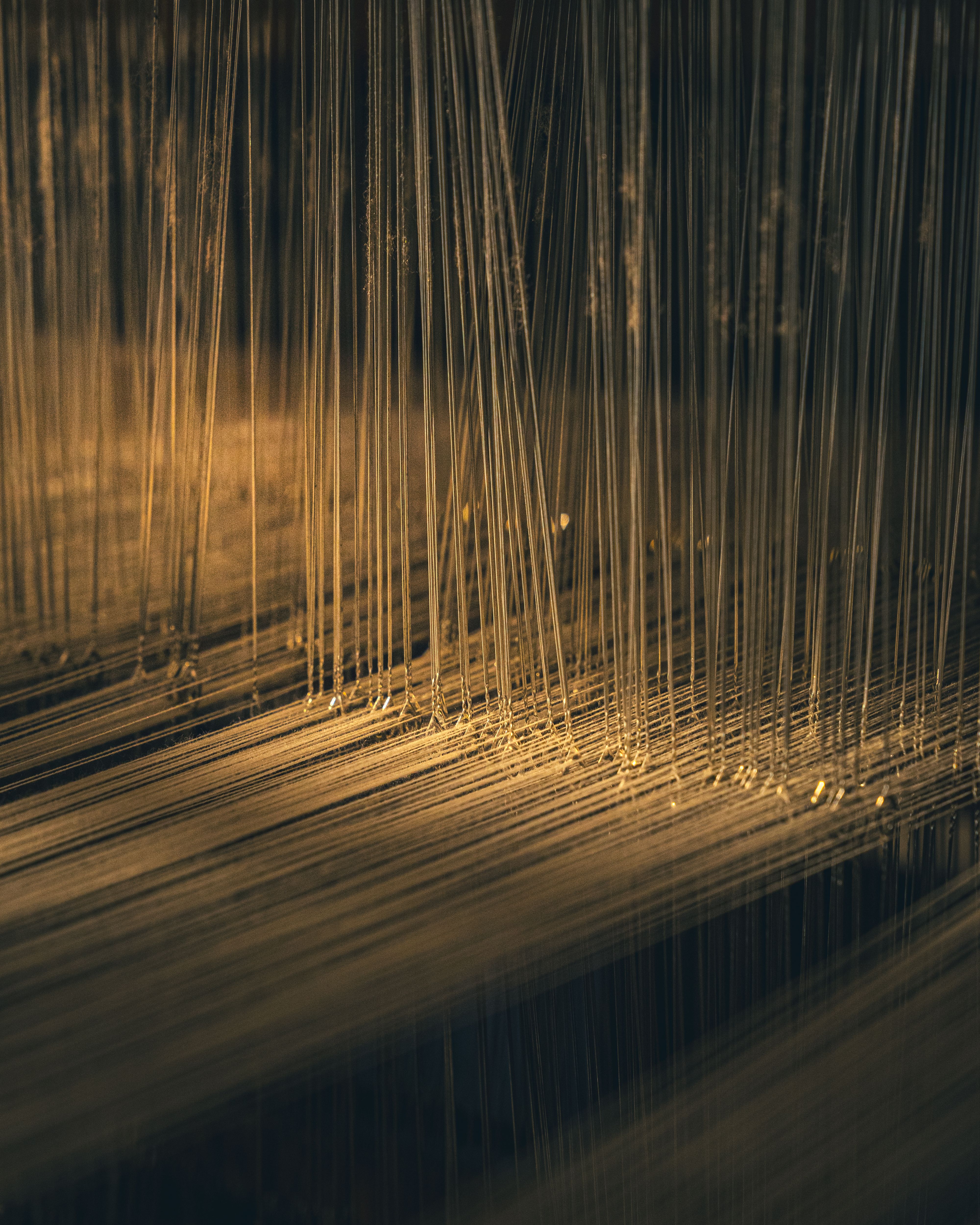 Close-up view of threads on a weaving loom displaying intricate textile craftsmanship.
