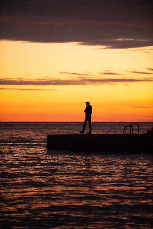 男子站在木码头在日落的剪影