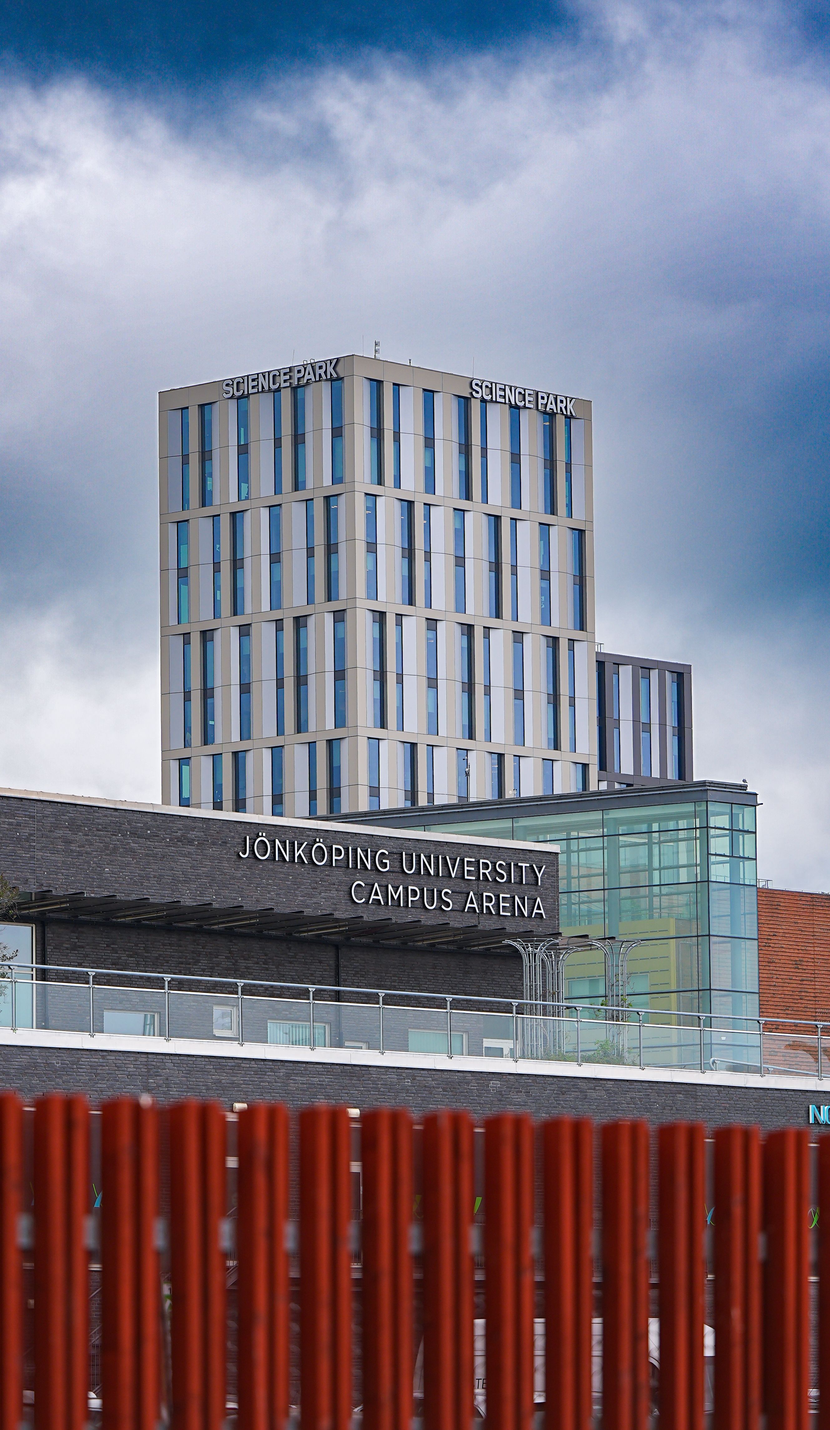 View of the modern architecture at Jönköping University Campus Arena in Sweden.
