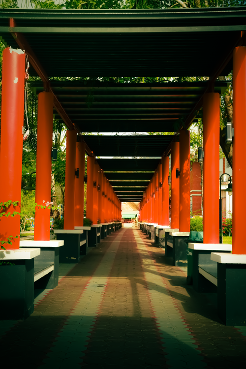Free A captivating view of a covered walkway with red pillars creating a symmetrical architecture in Thailand. Stock Photo