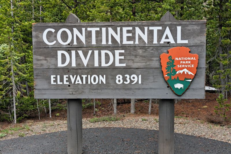 Sign marking the Continental Divide at elevation 8391 in a forest setting.