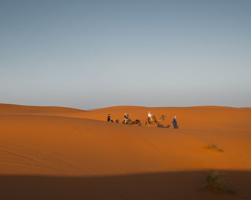 Tourists riding camels in the Agafay Desert near Marrakech, Morocco at sunset