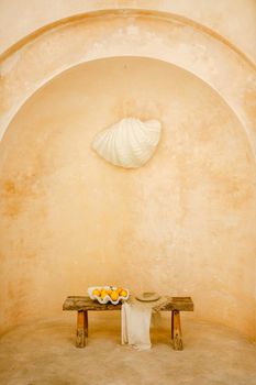 Elegant rustic bench with a textile and citrus decor in a minimalist archway setting.