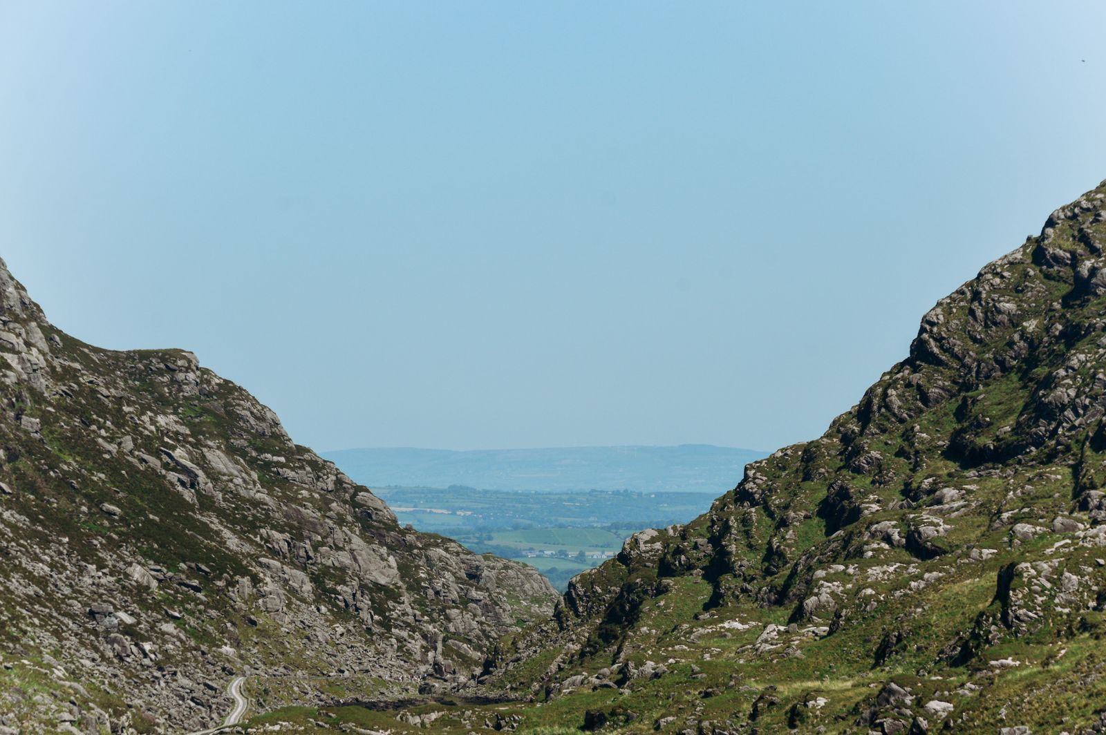 Landscape of Gap of Dunloe with rocky hills and distant valleys, Ireland