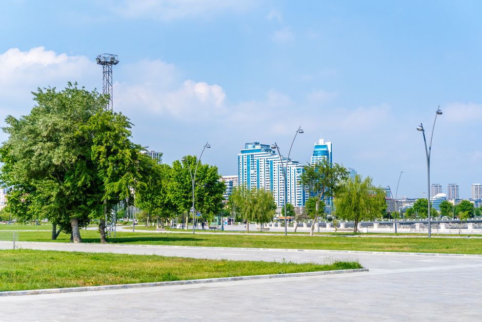 Skyline view of Baku with lush park greenery, showcasing modern architecture against a clear blue sky.