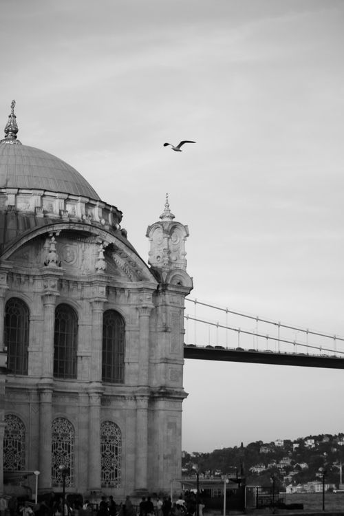 Free Elegant black and white capture of Ortaköy Mosque and Bosphorus Bridge in İstanbul. Stock Photo