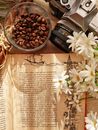 Open book near retro photo camera and coffee beans indoors