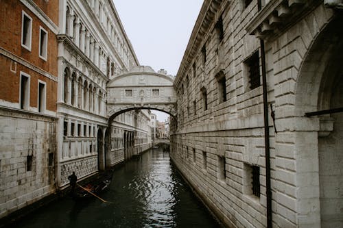 Boat on River Between Buildings