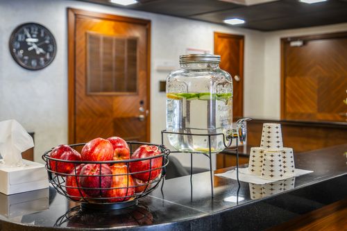 Free A hospitality setup with apples and lemon water at a reception area, ideal for welcoming guests. Stock Photo