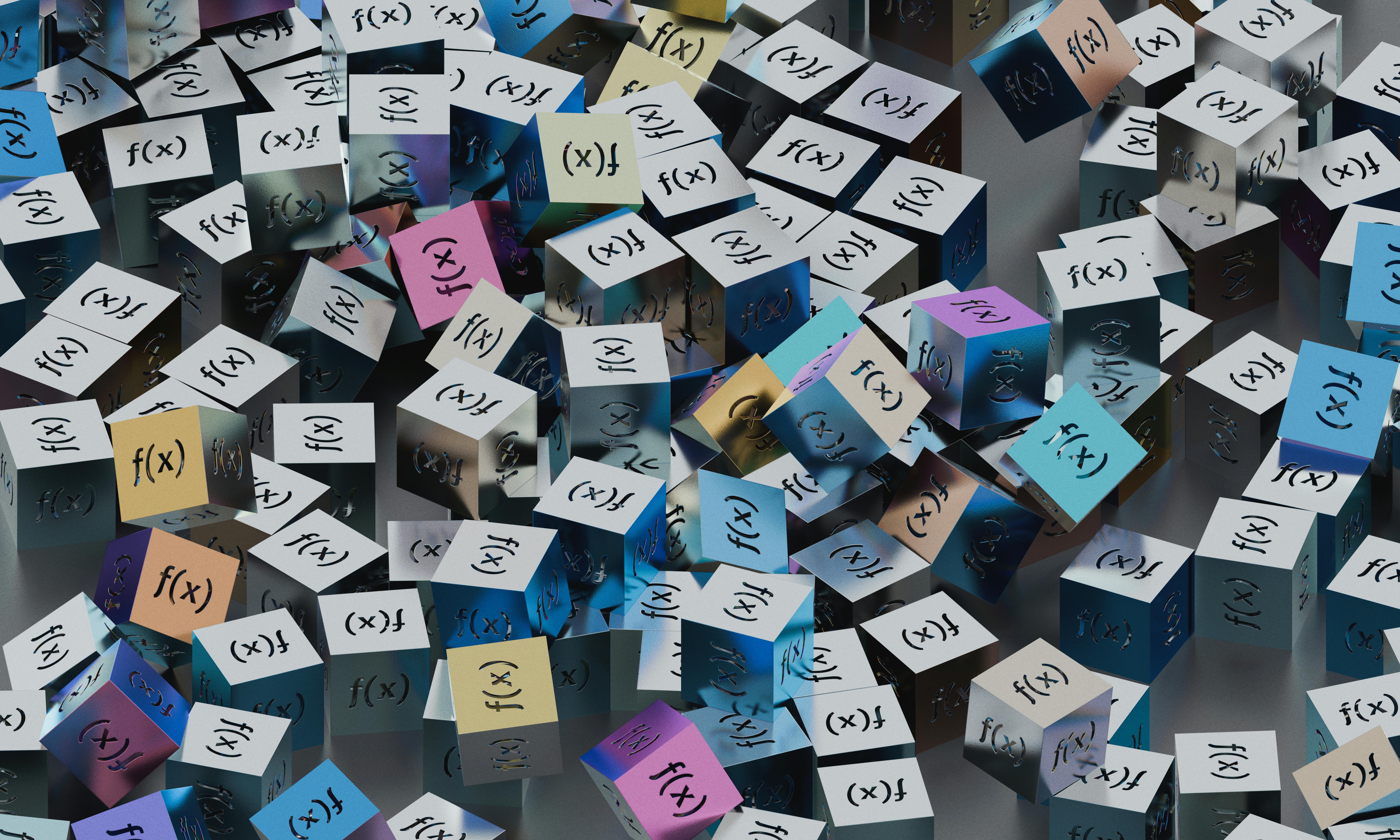 A vibrant collection of cubes with f(x) functions creates a visual mathematical pattern.