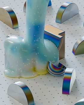 Artistic composition of abstract geometric shapes with iridescent hues and fluid form.