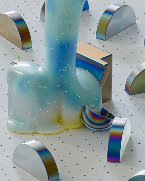 Free Artistic composition of abstract geometric shapes with iridescent hues and fluid form. Stock Photo