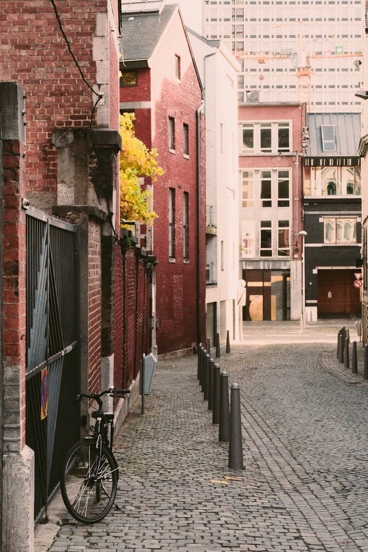 Cobblestone Walkway Near Old Residential Houses In City In Daylight