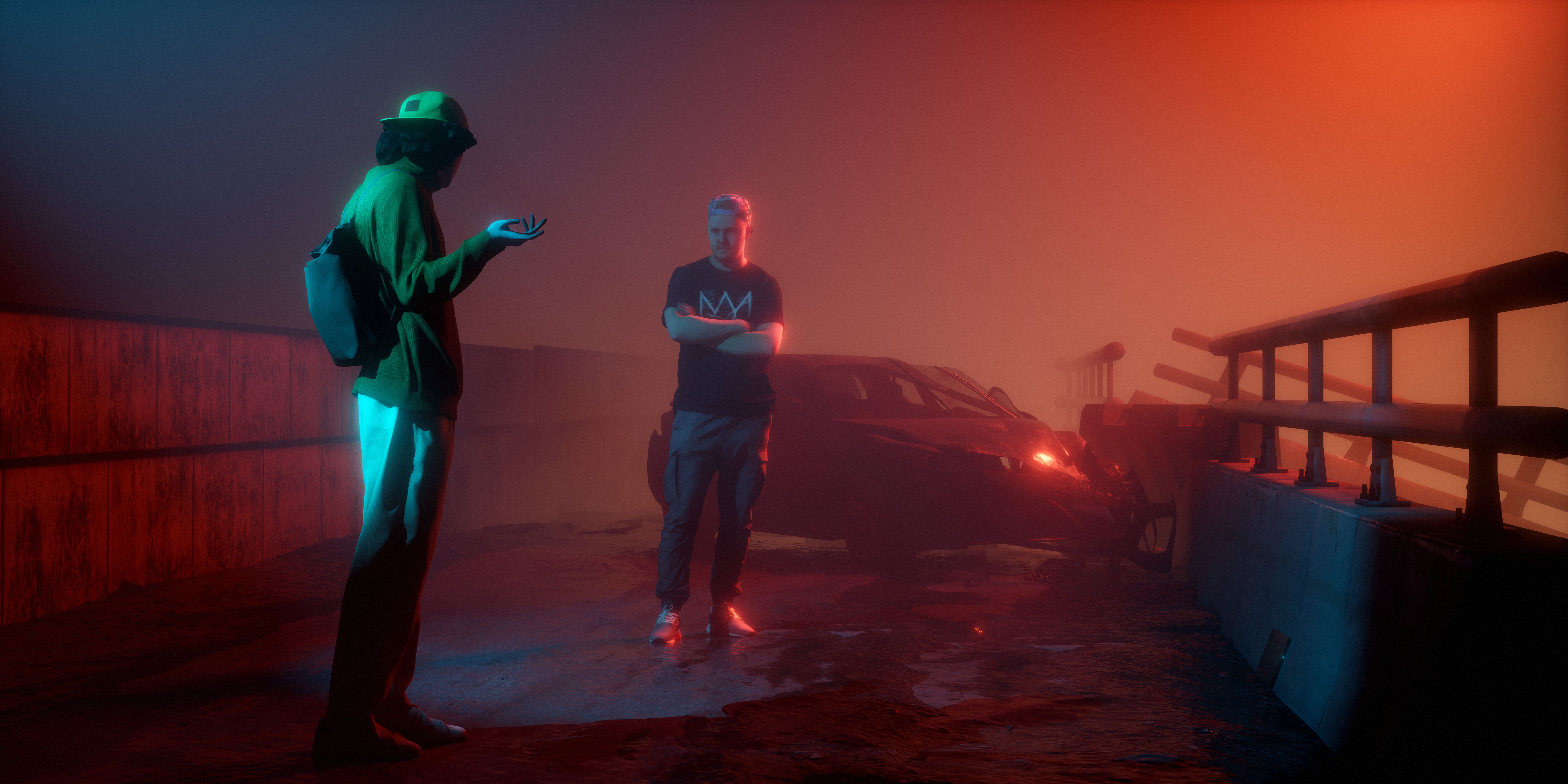 Moody 3D render capturing an urban scene with dramatic lighting and fog.