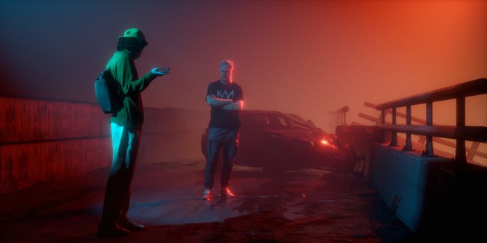 Moody 3D render capturing an urban scene with dramatic lighting and fog.
