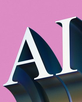 Creative AI typography art with gradient effects on a pink backdrop.