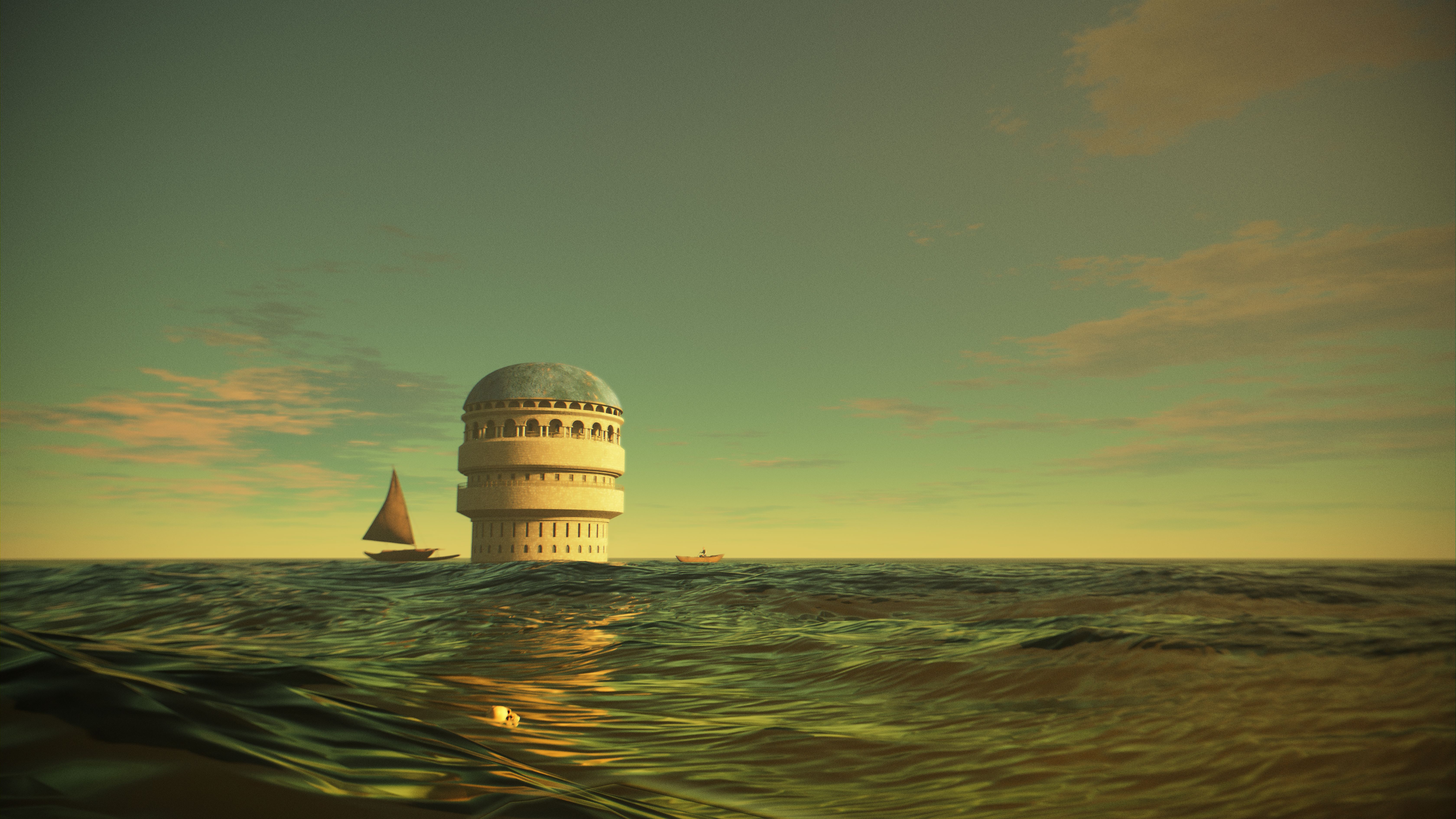 Surreal Seascape with Tower at Sunset