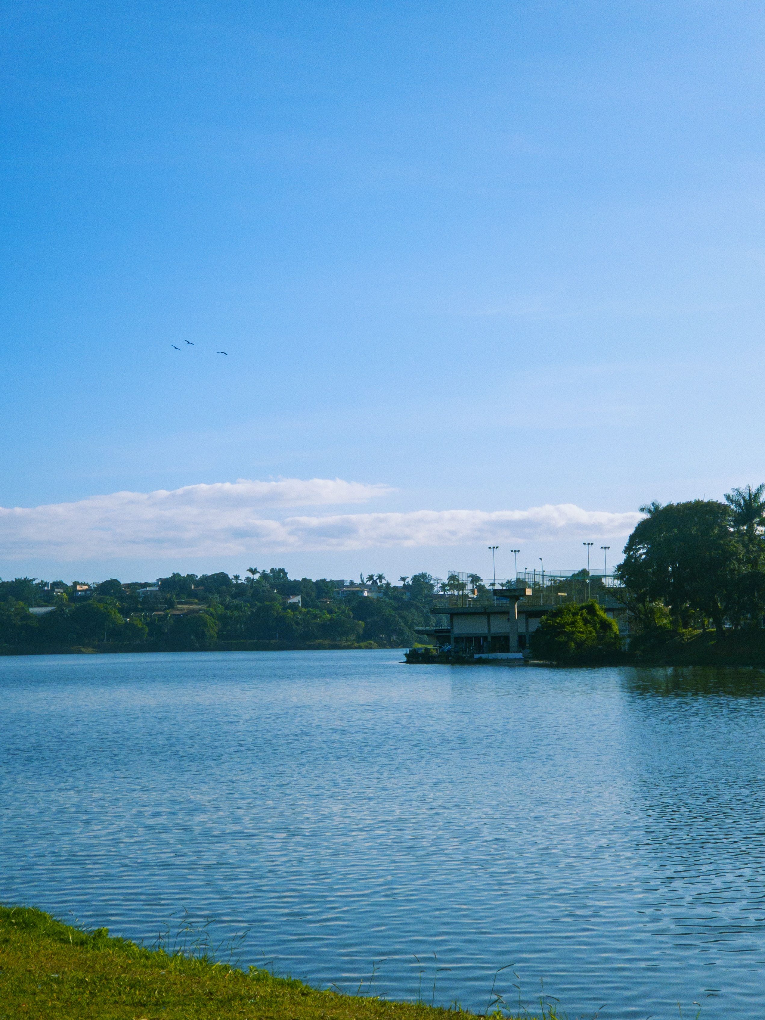Serene view of Lagoa da Pampulha with clear sky and lush greenery in Belo Horizonte, Brazil.