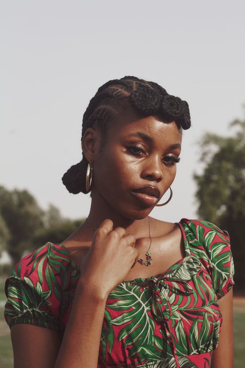 Free Portrait of a fashionable African woman with natural hairstyle and hoop earrings in Zaria, Nigeria. Stock Photo