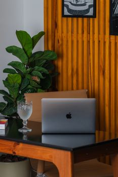 Cozy home office setup with a laptop, glass of water, and lush plant on a wooden desk.