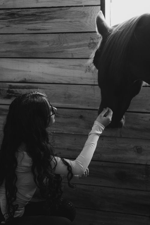 Free A woman interacting with a horse in a barn in Bursa, Türkiye, captured in black and white. Stock Photo