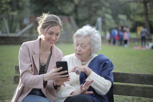 Free Delighted female relatives sitting together on wooden bench in park and browsing mobile phone while learning using Stock Photo