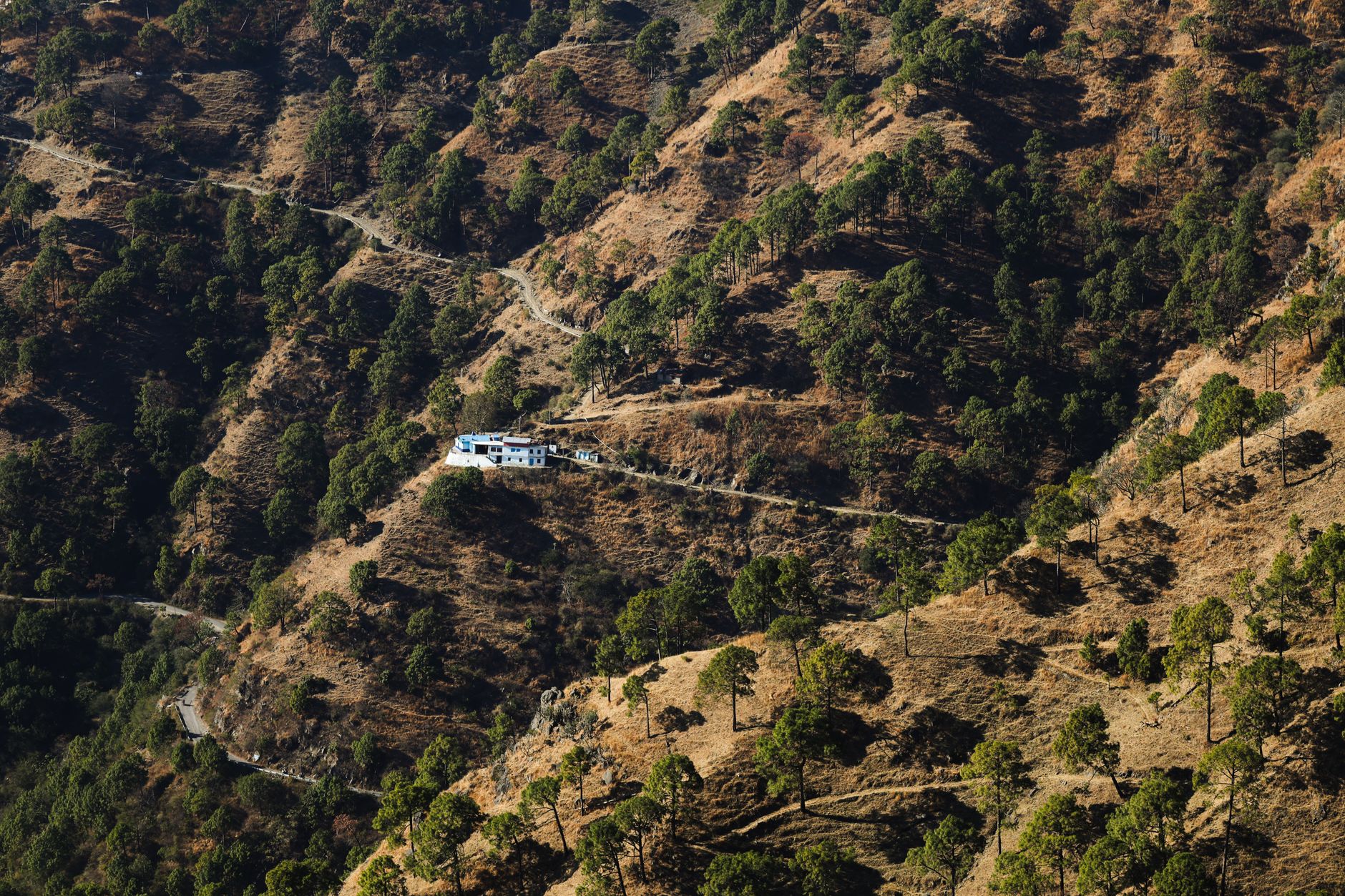 Aerial photo of a remote house nestled in the wooded hills of Kasauli, HP, India.