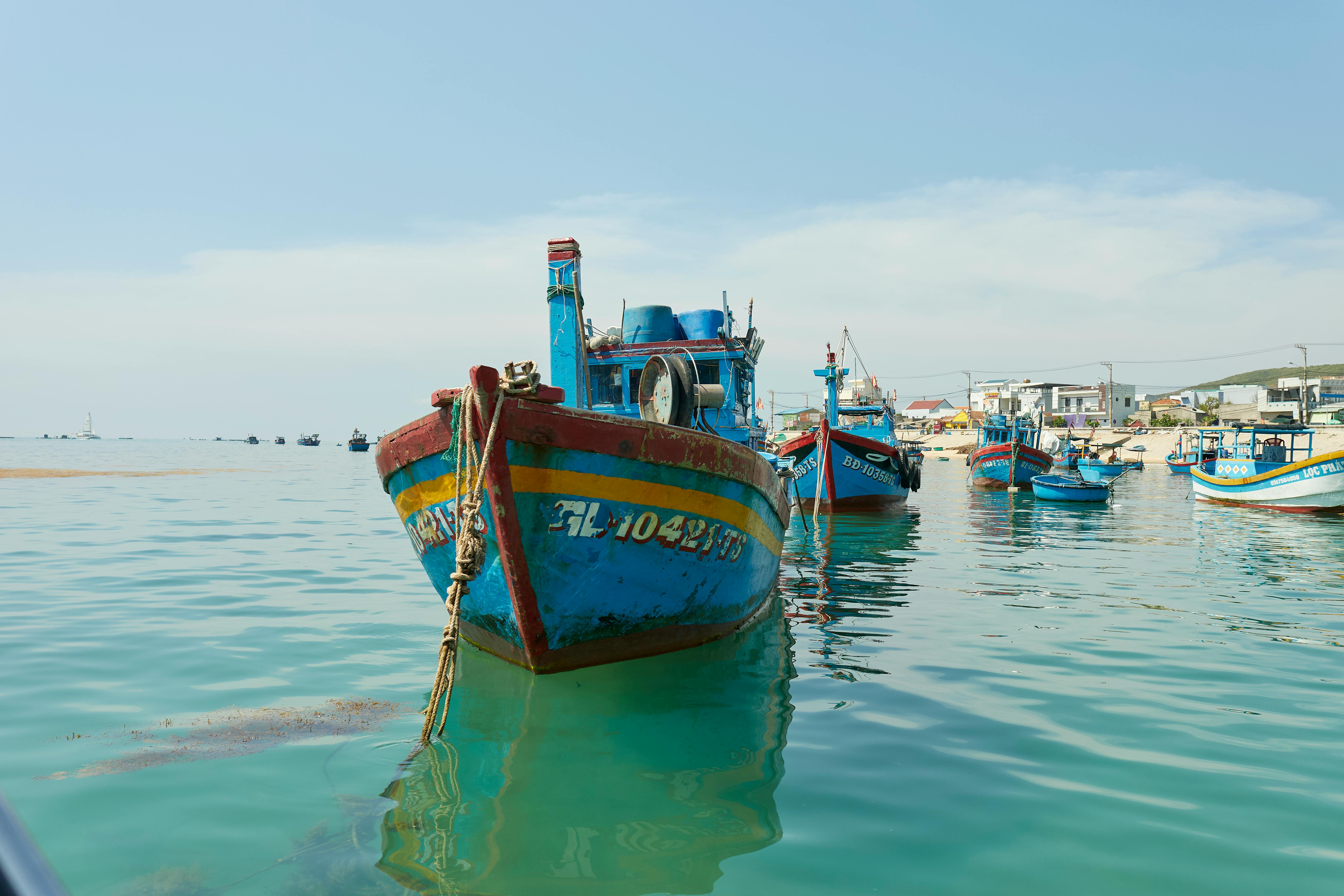 Vibrant scene of traditional fishing boats in Quy Nhon harbor, Vietnam captured on a sunny day.