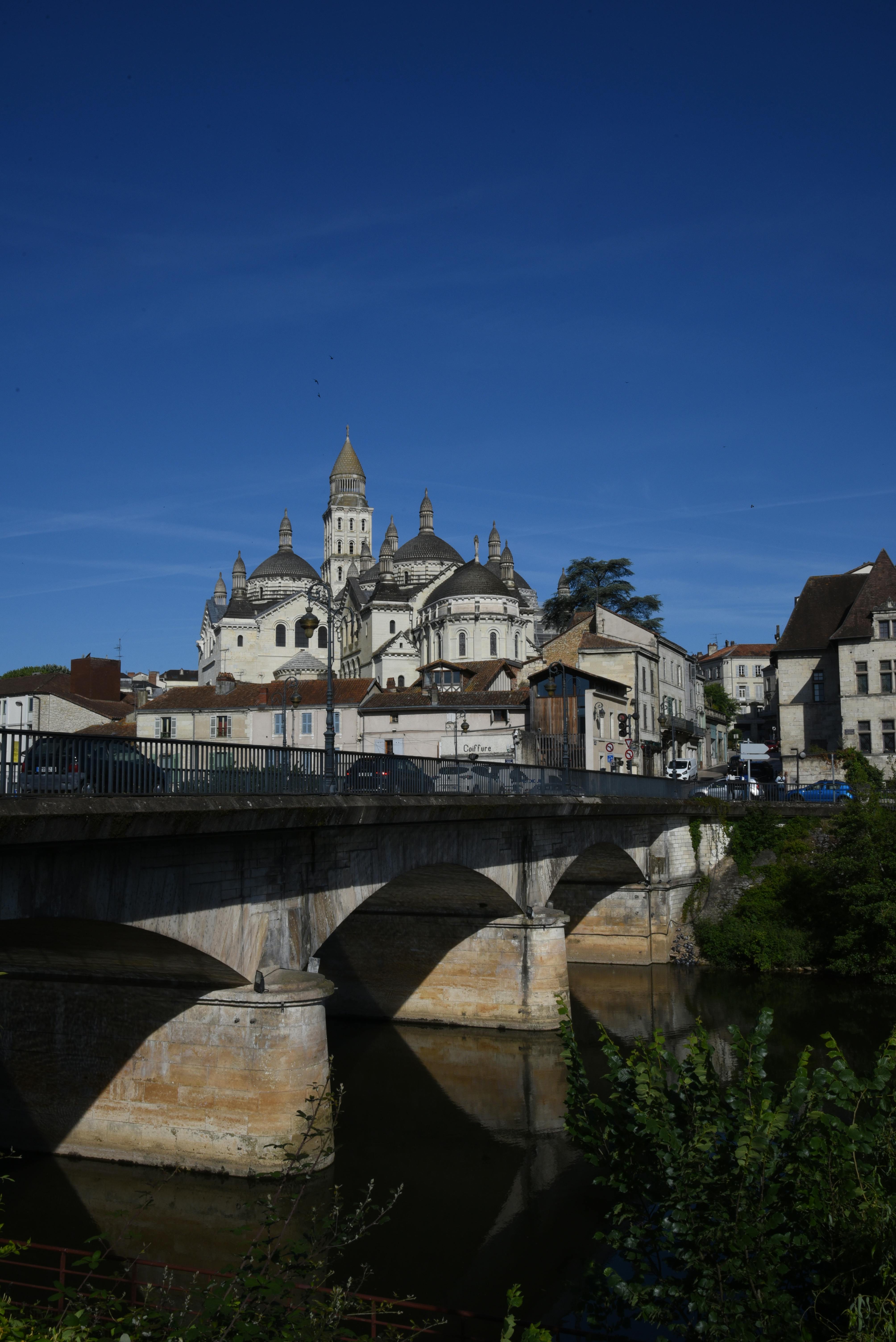 Scenic view of Saint-Front Cathedral in Périgueux, France with clear blue sky.