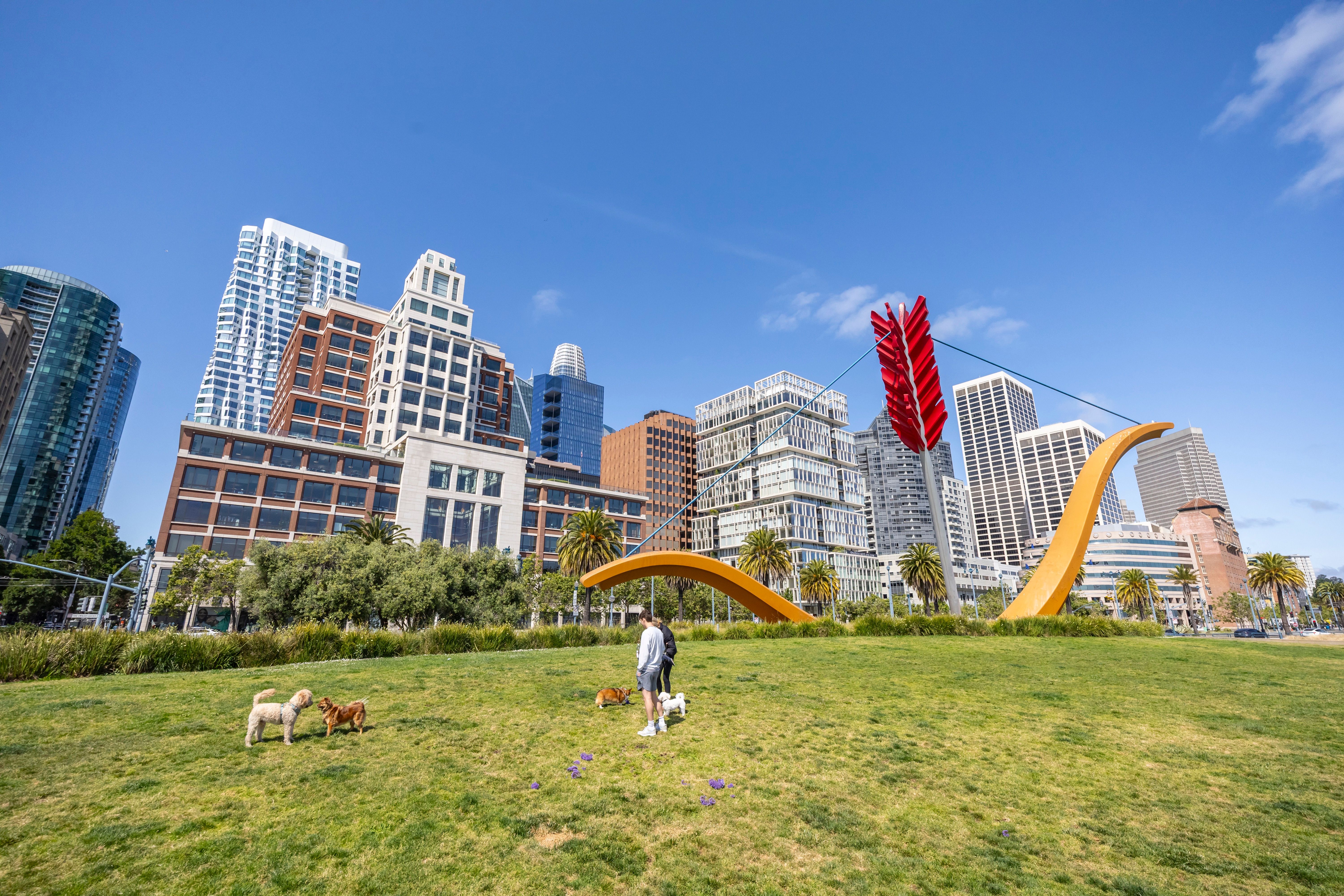 A vibrant urban park scene with a landmark sculpture, dogs playing, and city skyline.