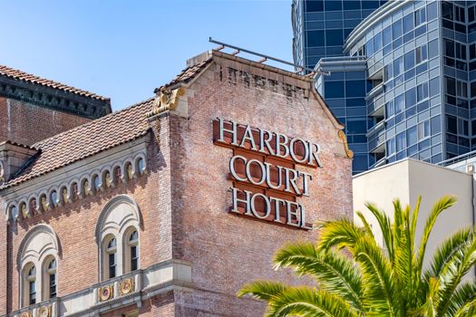 Exterior view of the historic Harbor Court Hotel with its distinctive brick architecture.