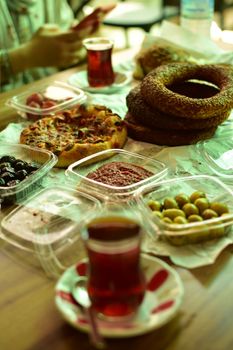 Authentic Turkish breakfast with simit, tea, olives, and more in Bursa.