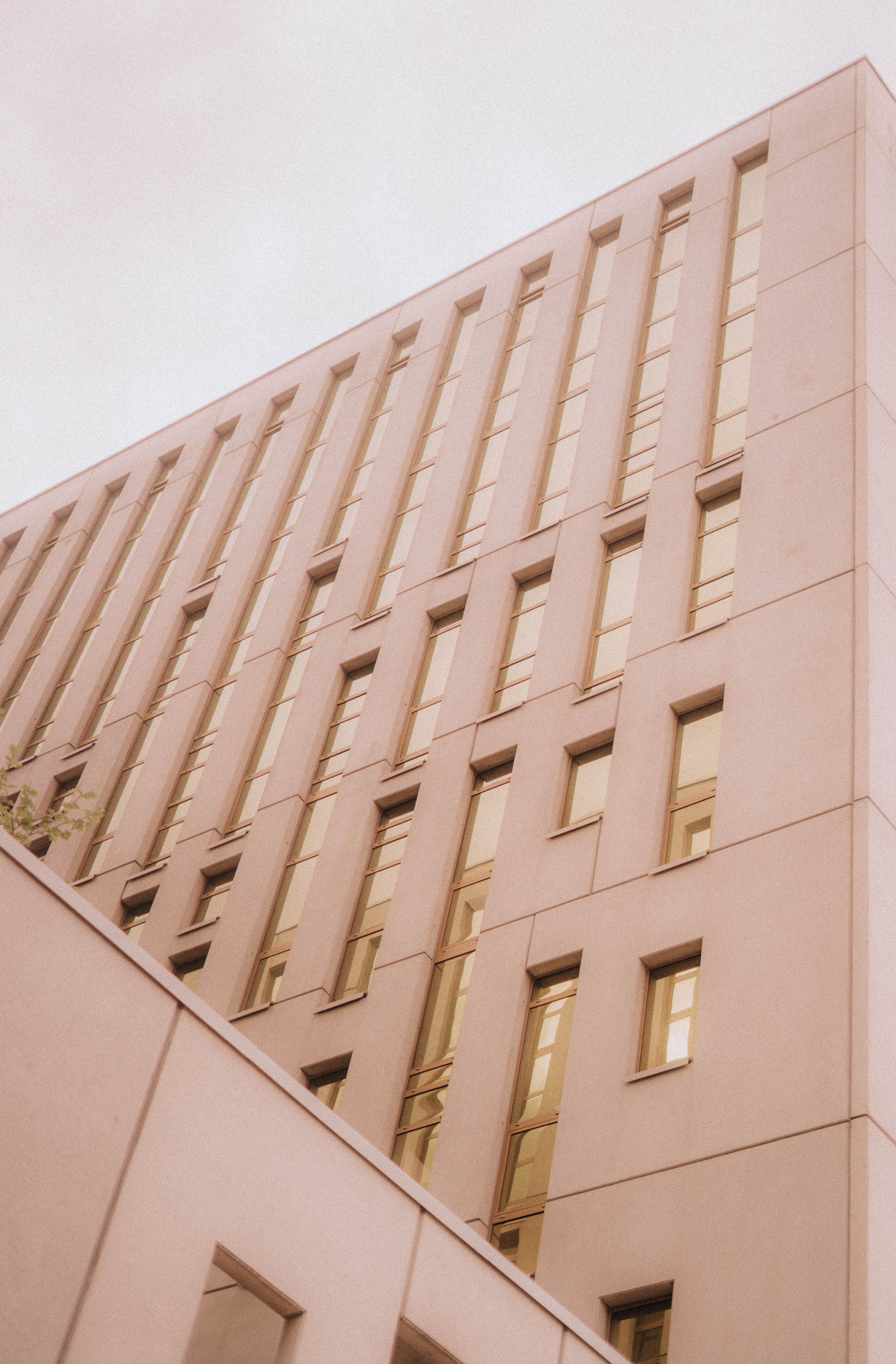 A tall, minimalist office building captured from a low angle during daylight.