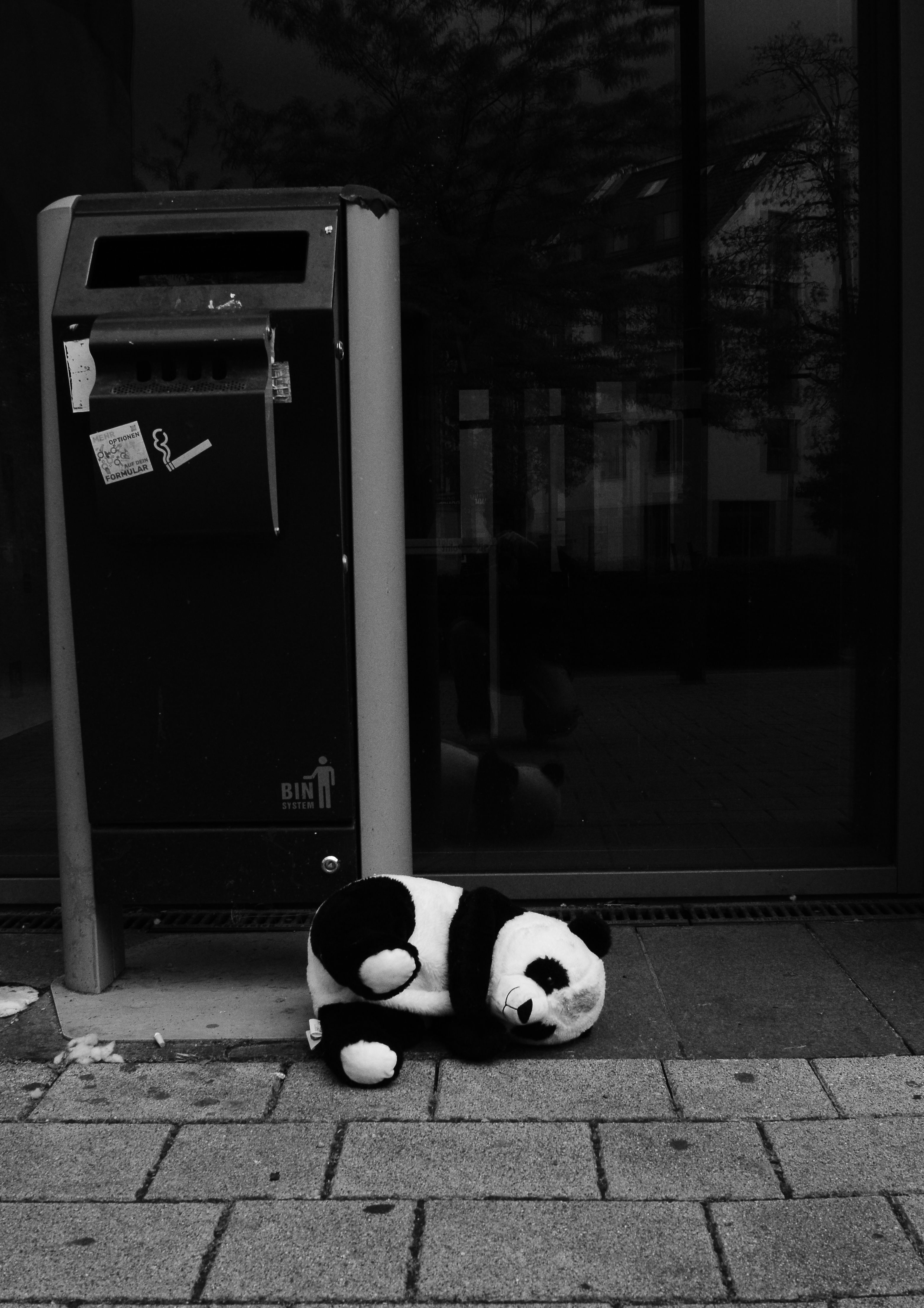 A black and white image of a lonely panda plush toy lying next to a street bin.