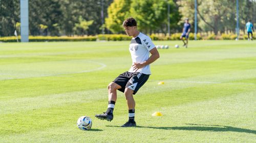 Free A soccer player practicing on a sunny day in a lush green field. Stock Photo